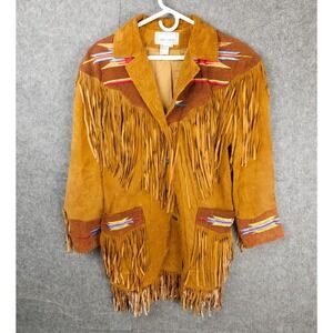 Erez Levy Jacket Size Medium Brown Tassle Fringe Leather Embroidered Aztec WOW